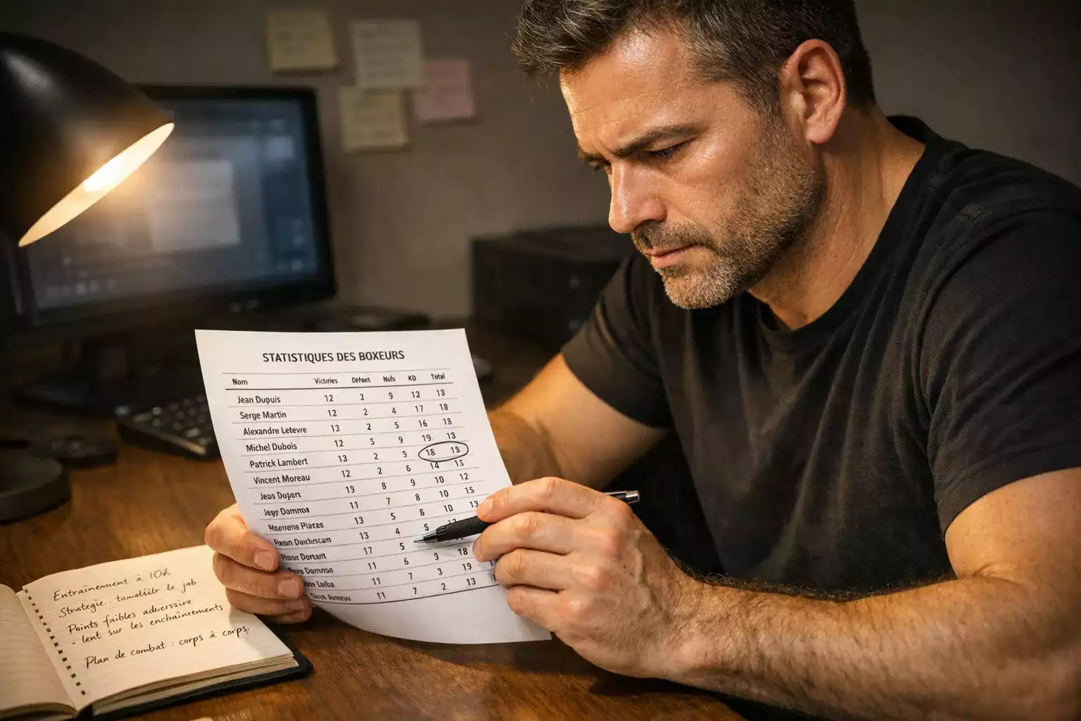 Homme analysant des statistiques de boxe sur un document avant un combat professionnel