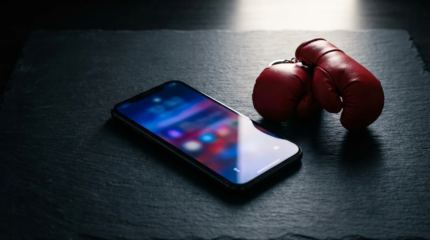 Smartphone affichant des cotes de boxe posé à côté de gants de boxe