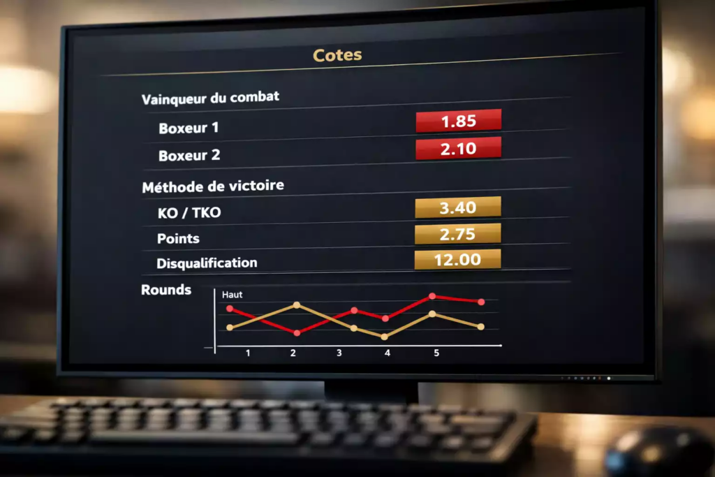 Écran affichant les cotes de paris sportifs sur un combat de boxe