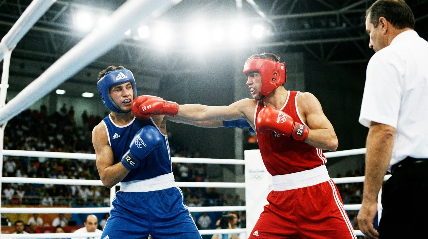 Deux boxeurs amateurs s'affrontant sur le ring lors d'un tournoi olympique de boxe
