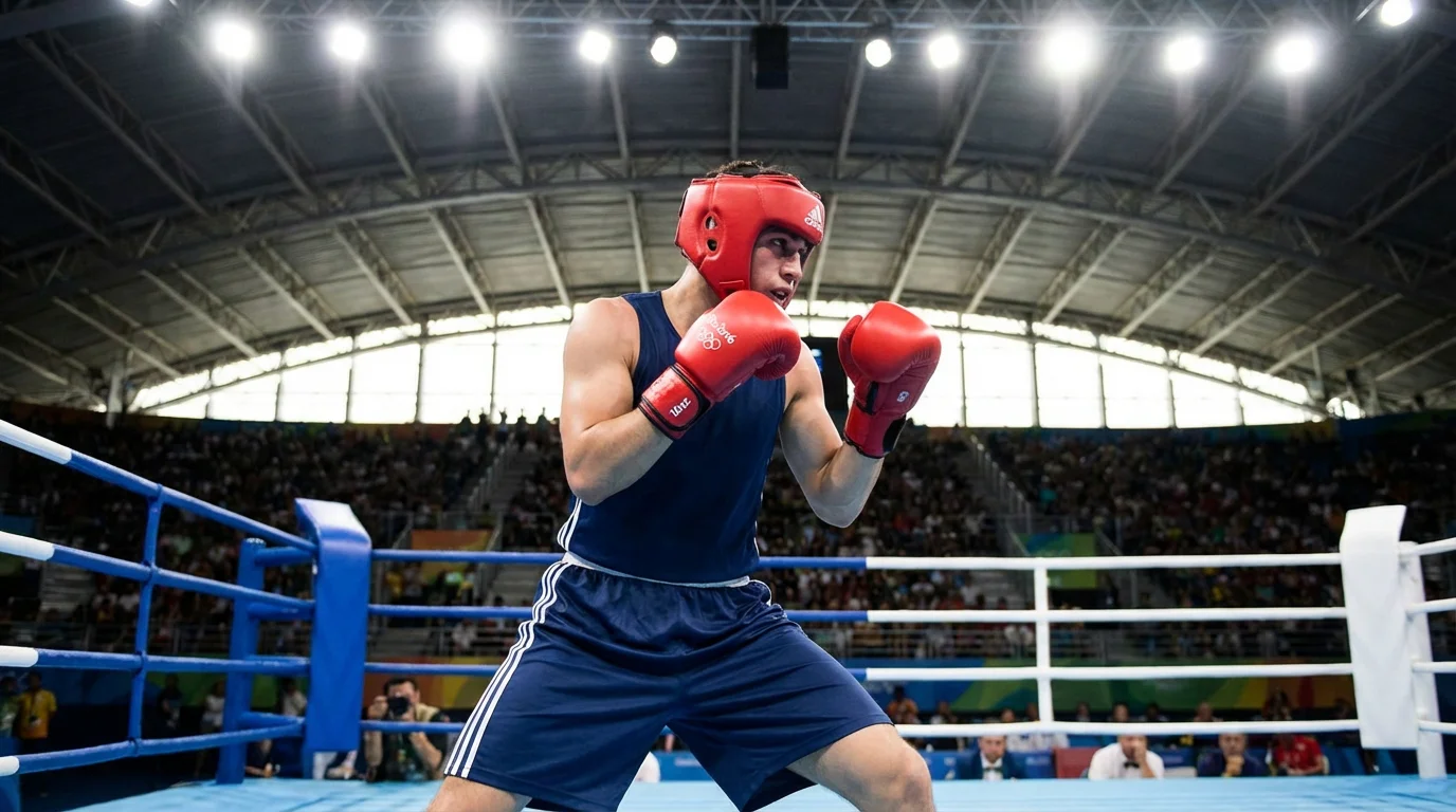 Boxeur amateur avec casque de protection sur un ring olympique devant un public