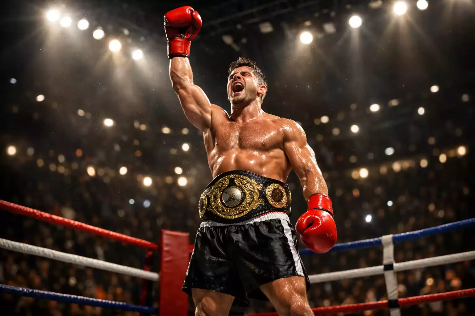 Boxeur professionnel levant le poing en signe de victoire sur le ring