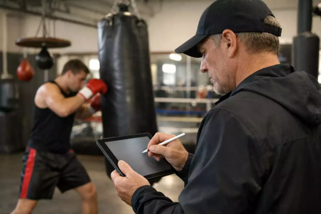 Entraîneur analysant la technique d'un boxeur à l'entraînement