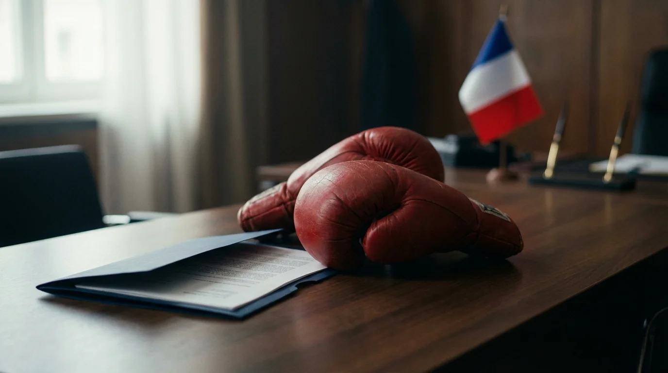 Gants de boxe posés sur un drapeau français avec un document officiel en arrière-plan