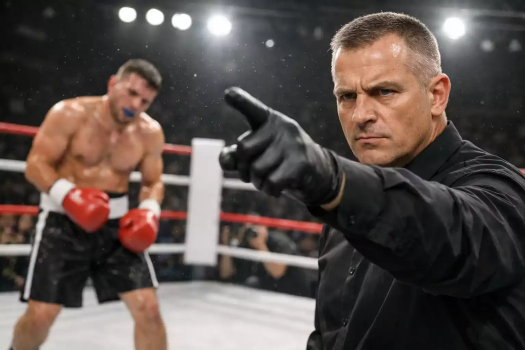 Arbitre de boxe comptant un knockdown sur le ring