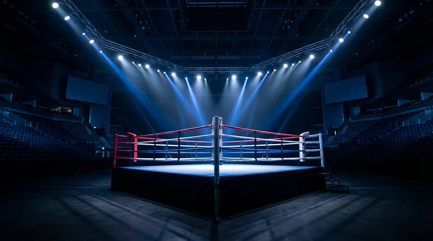 Ring de boxe vide éclairé par des projecteurs dans une grande salle avant un événement