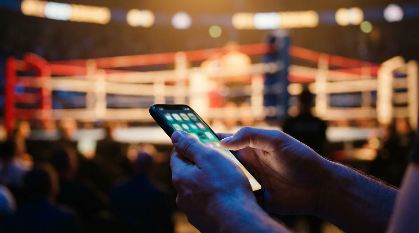Main d'un parieur tenant un smartphone avec un combat de boxe en arrière-plan