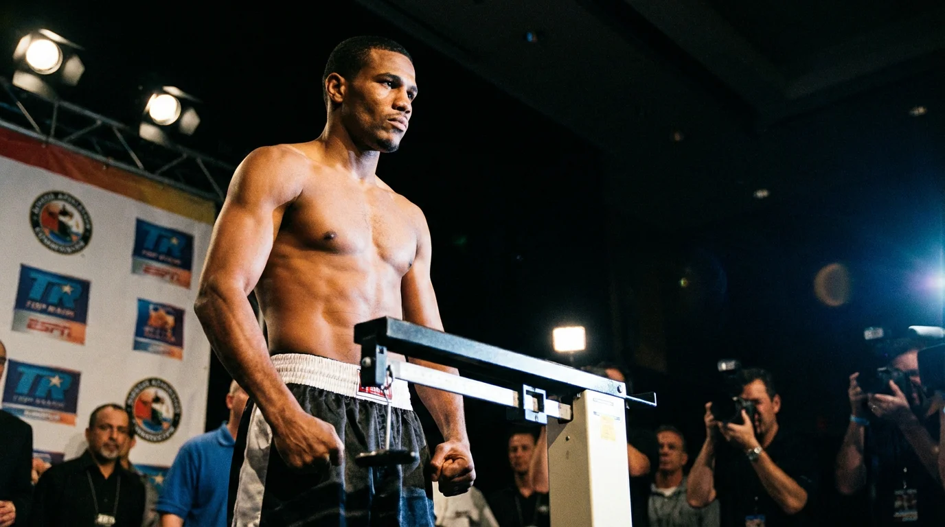 Boxeur professionnel sur la balance lors de la pesée officielle avant un combat de boxe