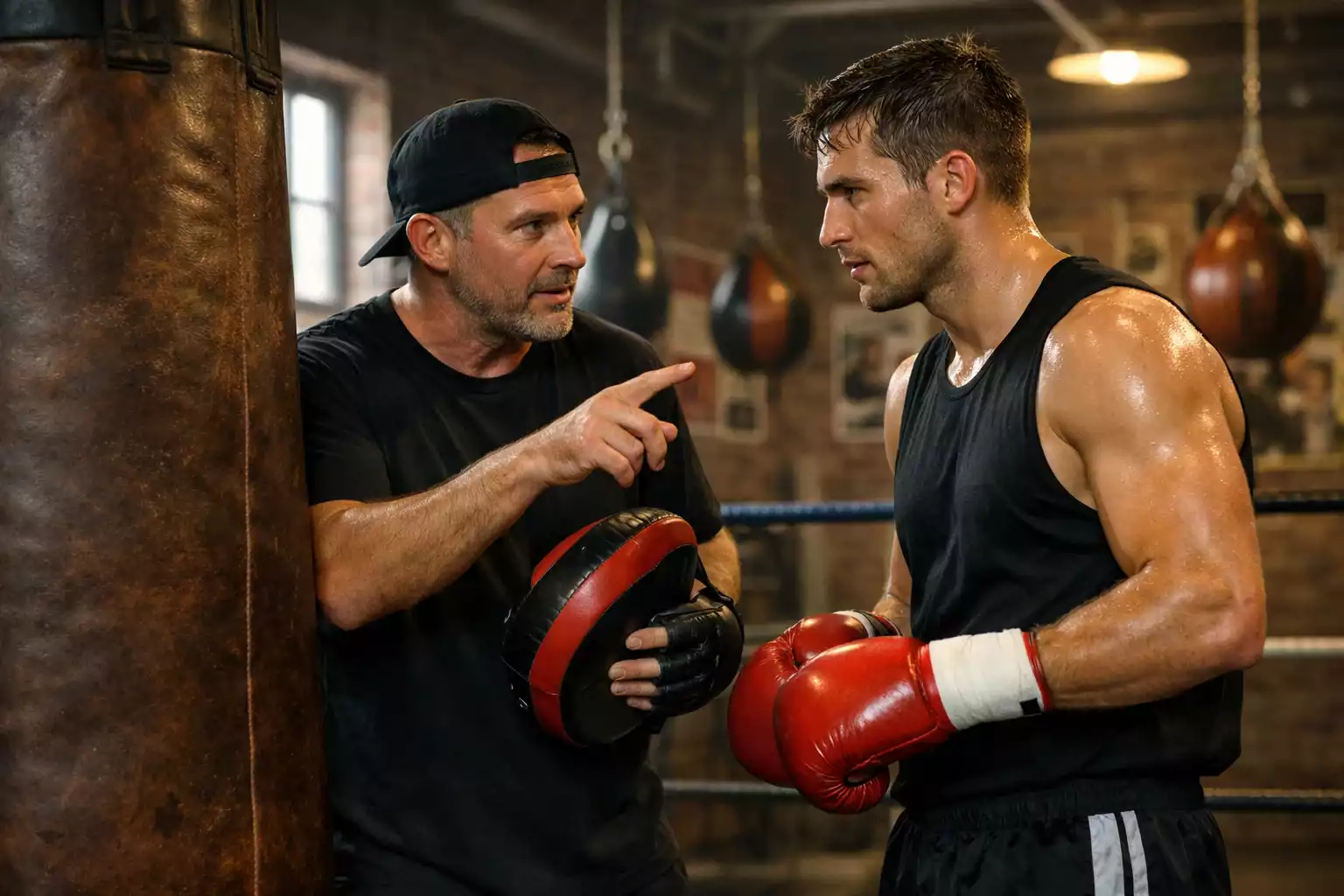 Entraîneur de boxe analysant la technique avec son boxeur dans un gymnase