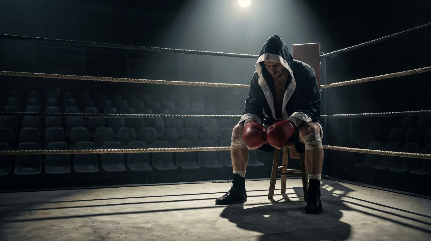 Boxeur concentré dans un coin du ring avant un combat sous les projecteurs
