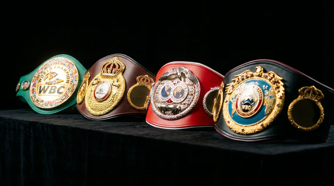 Quatre ceintures de champion du monde de boxe alignées sur une table noire