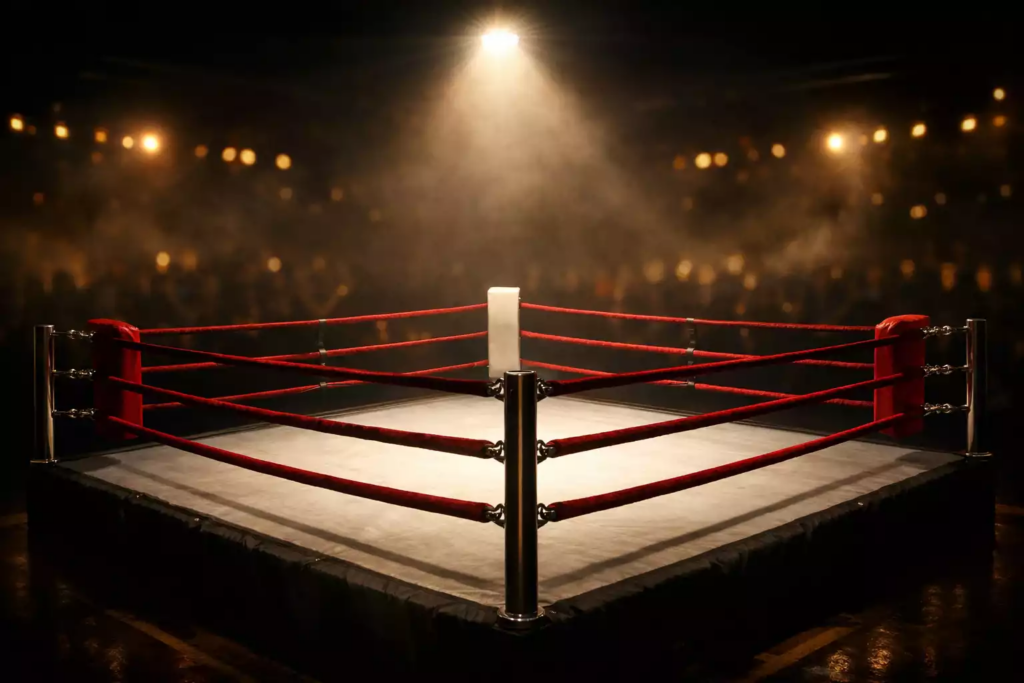 Ring de boxe professionnel sous les projecteurs avec cordes rouges