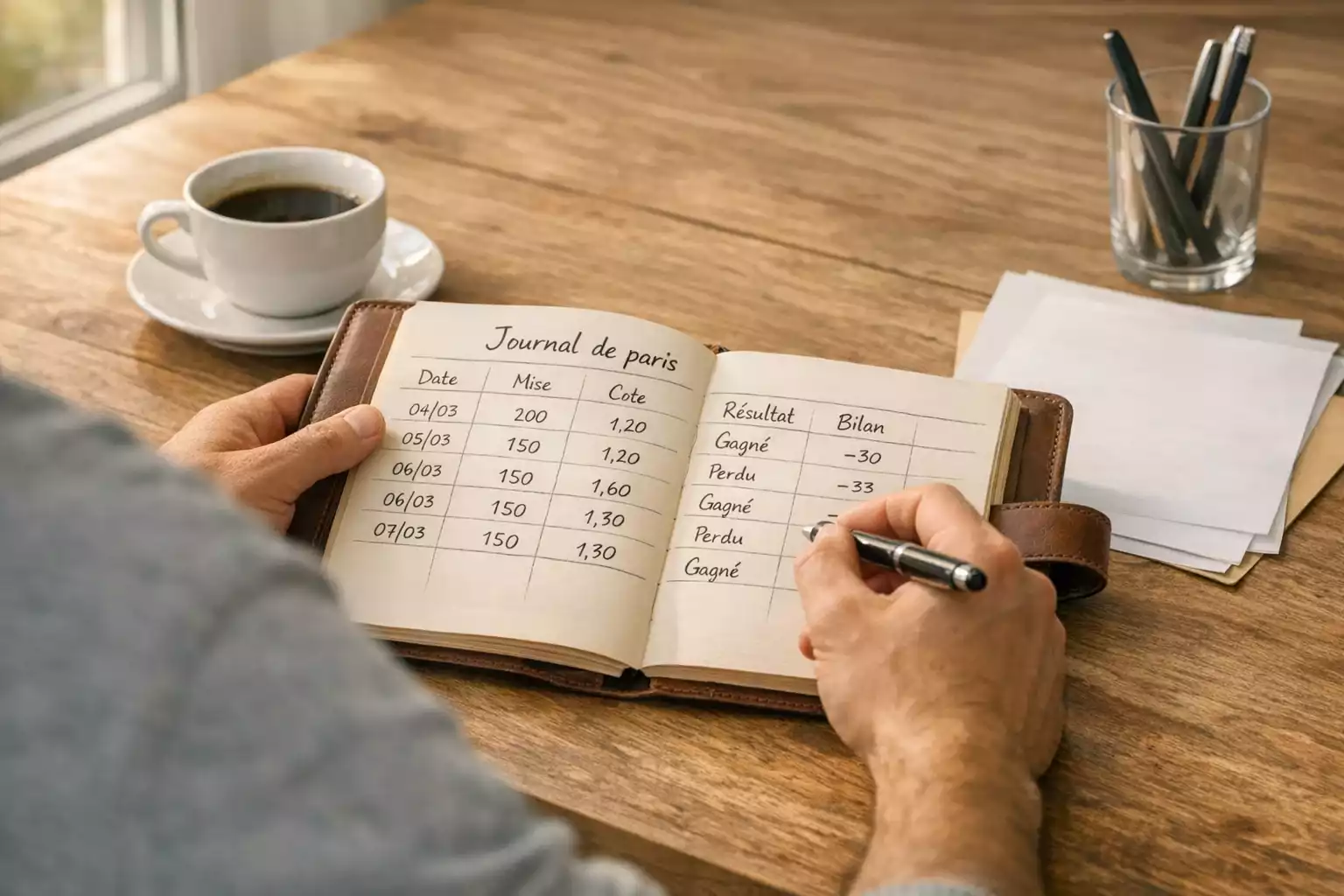 Parieur analysant ses statistiques de paris dans un carnet