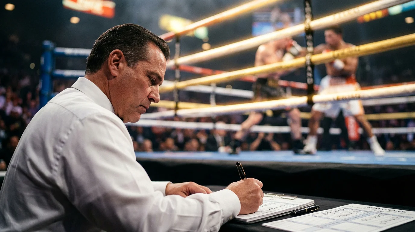 Juge de boxe assis au bord du ring notant les points pendant un combat professionnel