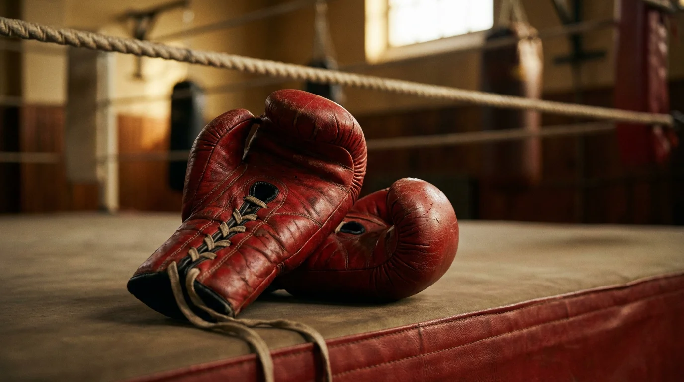 Gros plan sur les gants de boxe rouges posés sur le coin du ring dans une salle de boxe