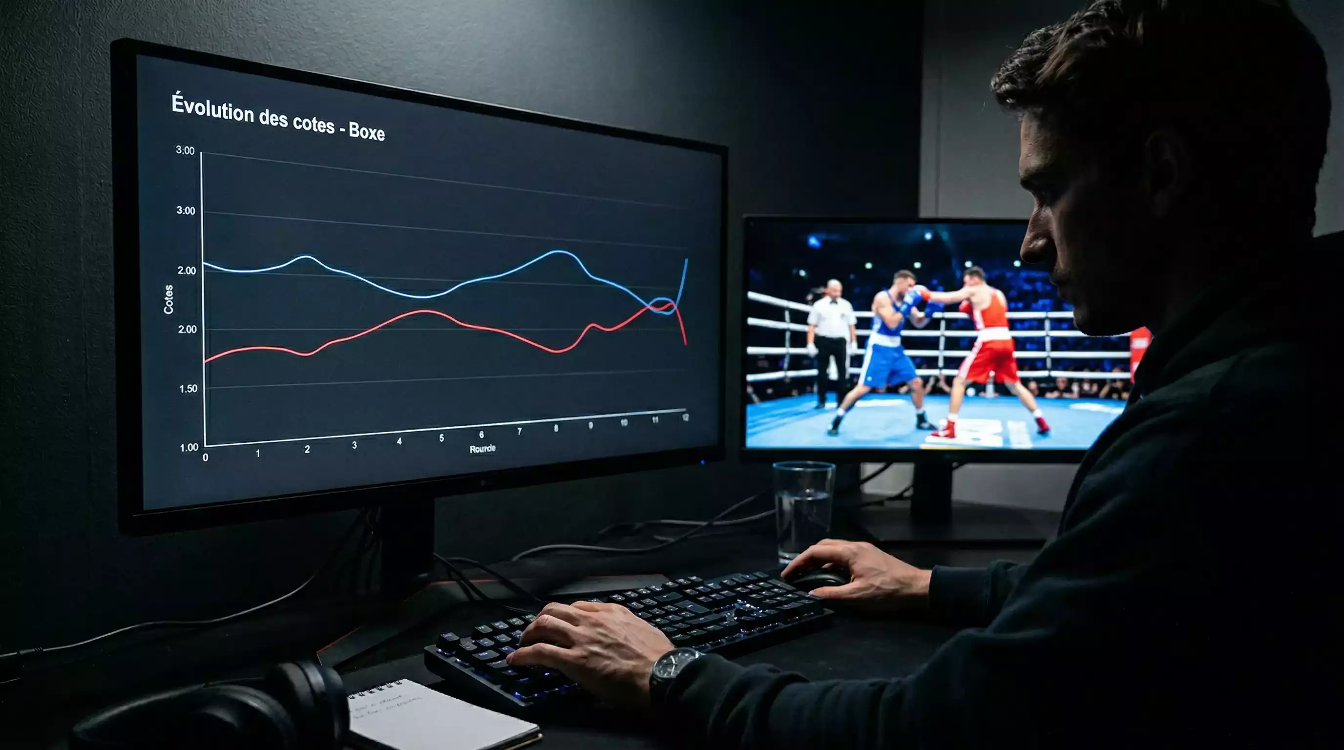 Écran affichant l'évolution des cotes en direct lors d'un combat de boxe