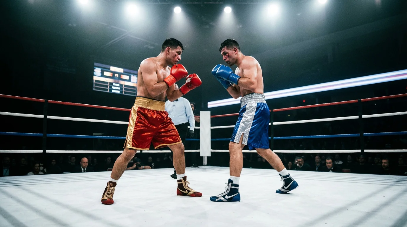Deux boxeurs au coude à coude sur le ring lors d'un combat serré pouvant mener au match nul