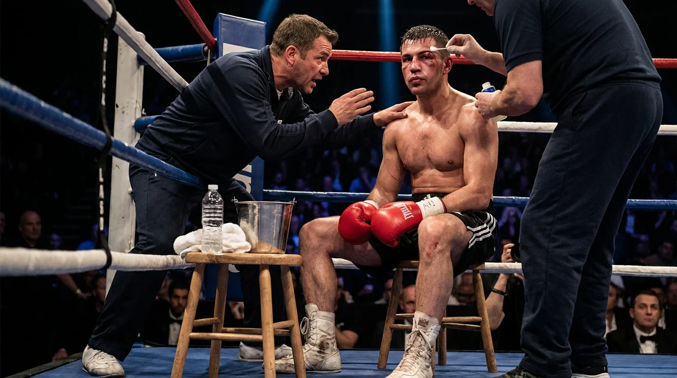 Gros plan sur un boxeur concentré dans son coin du ring entre deux rounds