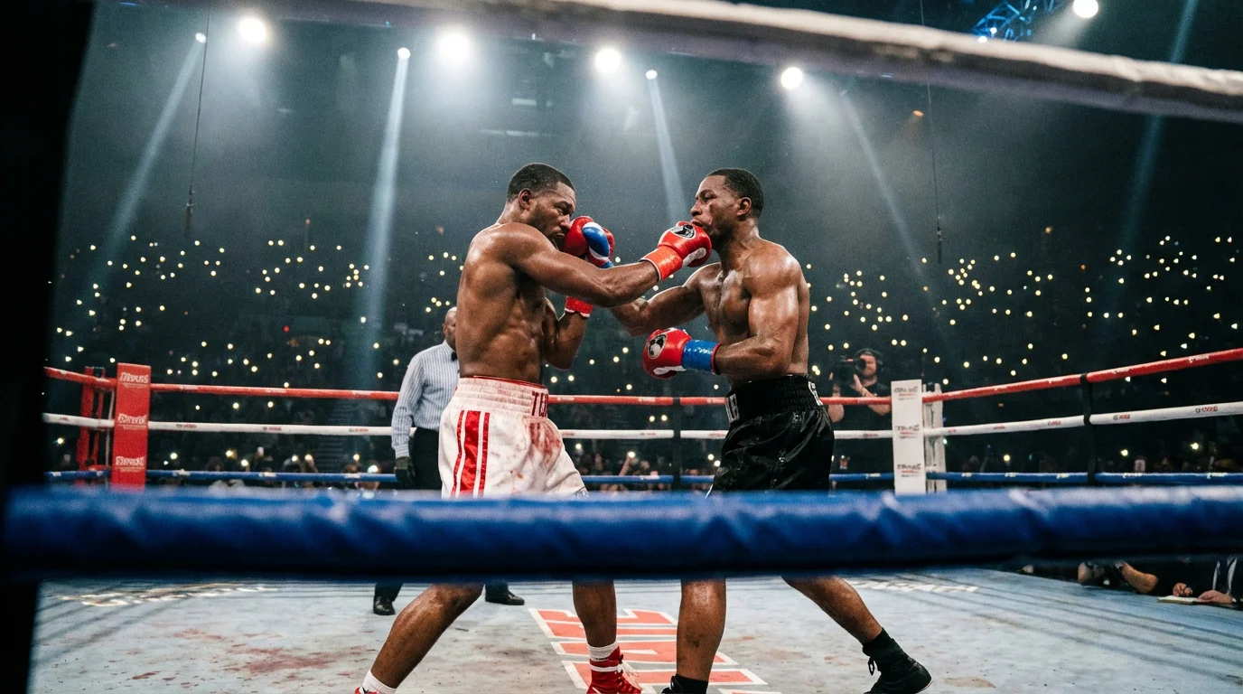 Ambiance en direct d'un combat de boxe avec projecteurs illuminant le ring