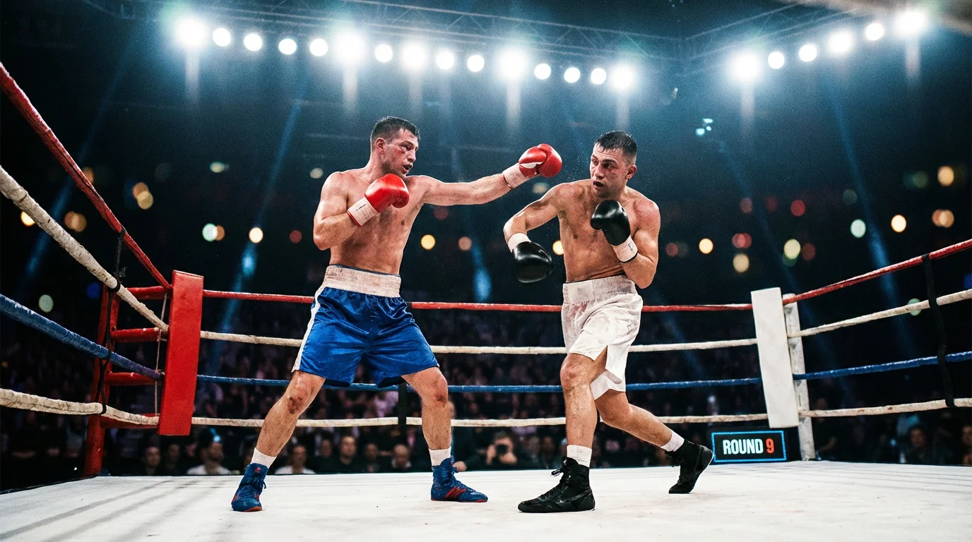Combat de boxe en cours avec les deux boxeurs échangeant des coups sur le ring