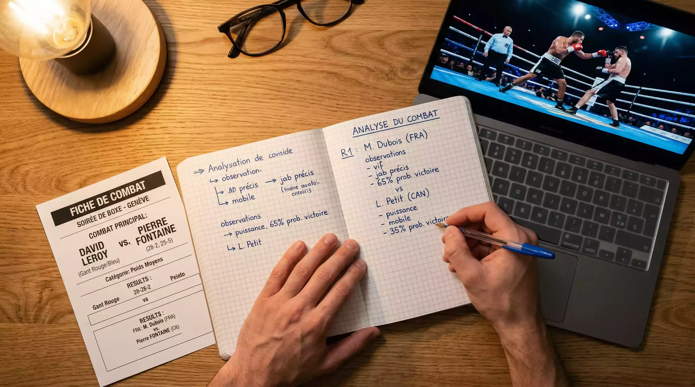 Analyste concentré étudiant des notes de combat de boxe sur un bureau